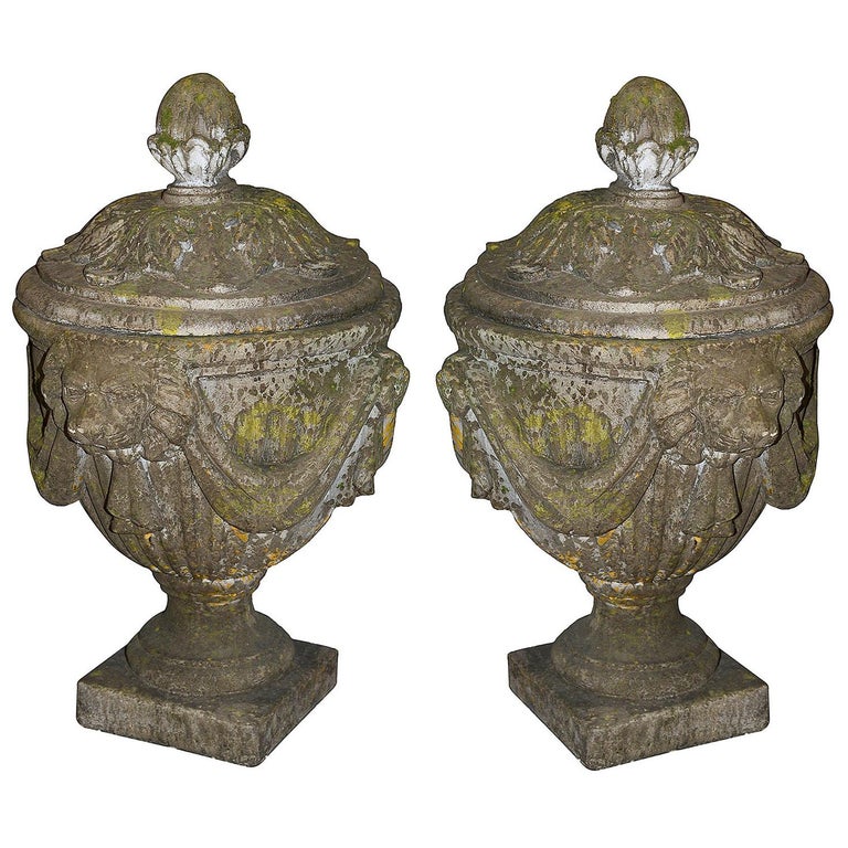 Pair Classical 19th Century Lidded Garden Urns For Sale at 1stDibs