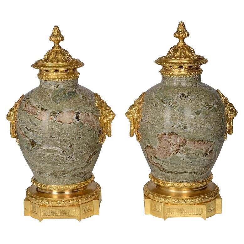 Pair Classical 19th Century Marble Lidded Urns For Sale