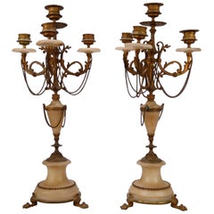 Pair of Classical Alabaster and Gilt Metal 4-Light Candelabra, circa 1880