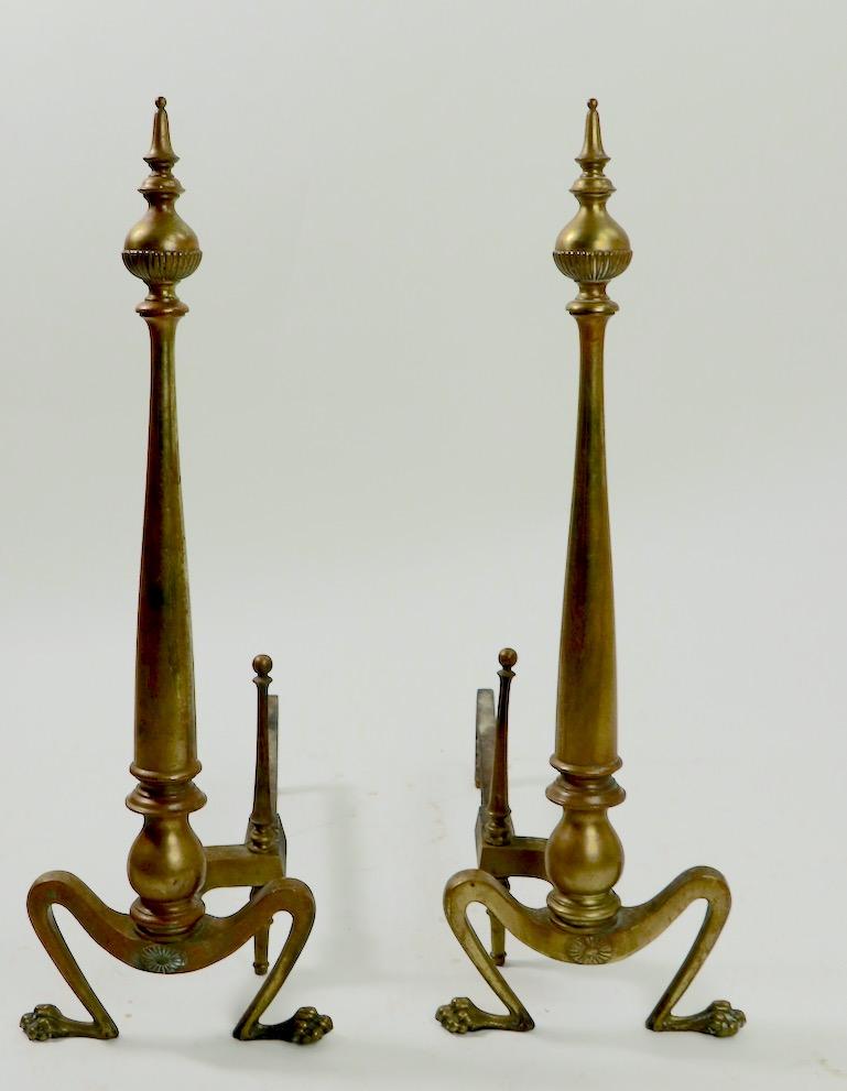 Pair of classical style brass andirons. Original, clean ready to use condition.