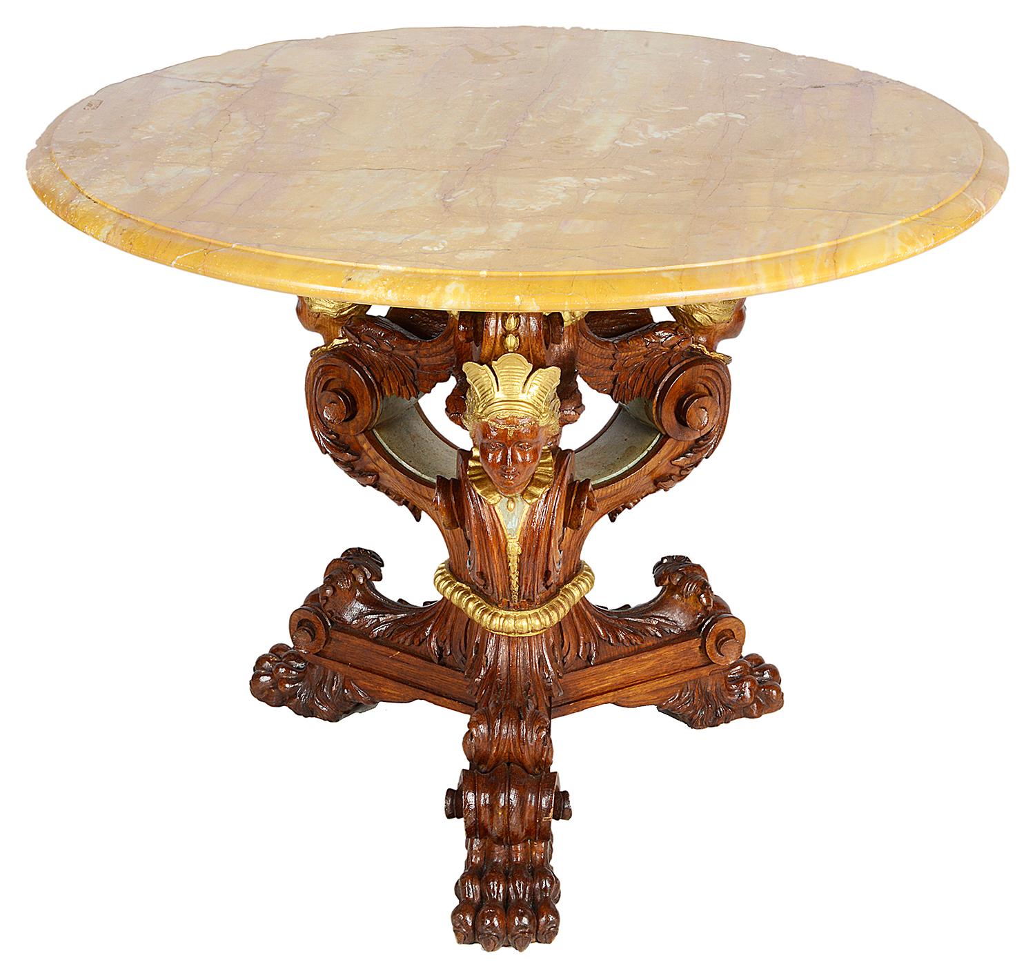 A striking pair of Empire influenced Sienna marble topped side tables, each with scrolling carved classical monopodia supports, terminating in carved claw feet,.