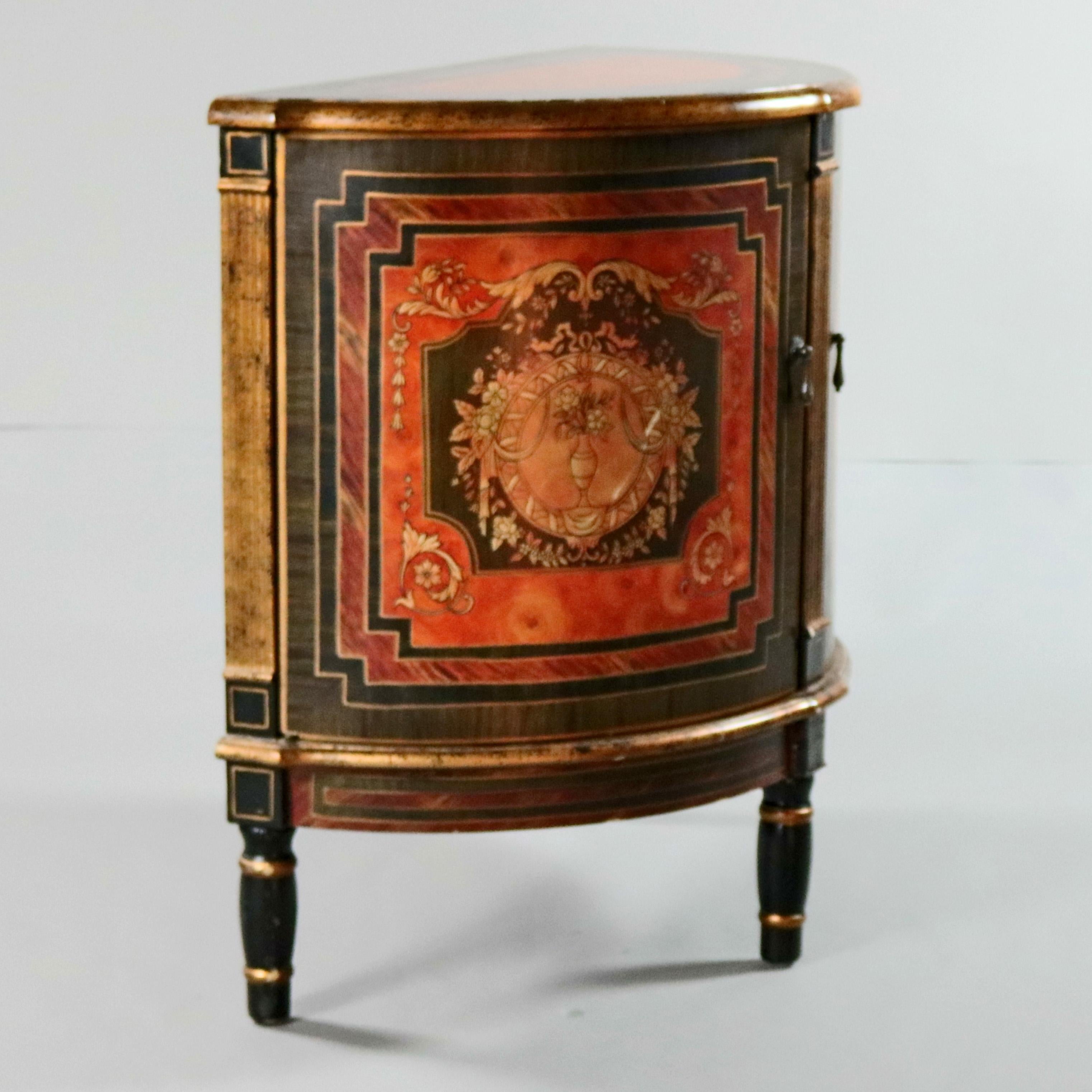 A pair of Classical French Bombe side stands offer demilune form each with one cabinet door opening to interior shelved storage compartment and matching faux door, paint decorated in panels of faux wood and marble with floral vase reserves having