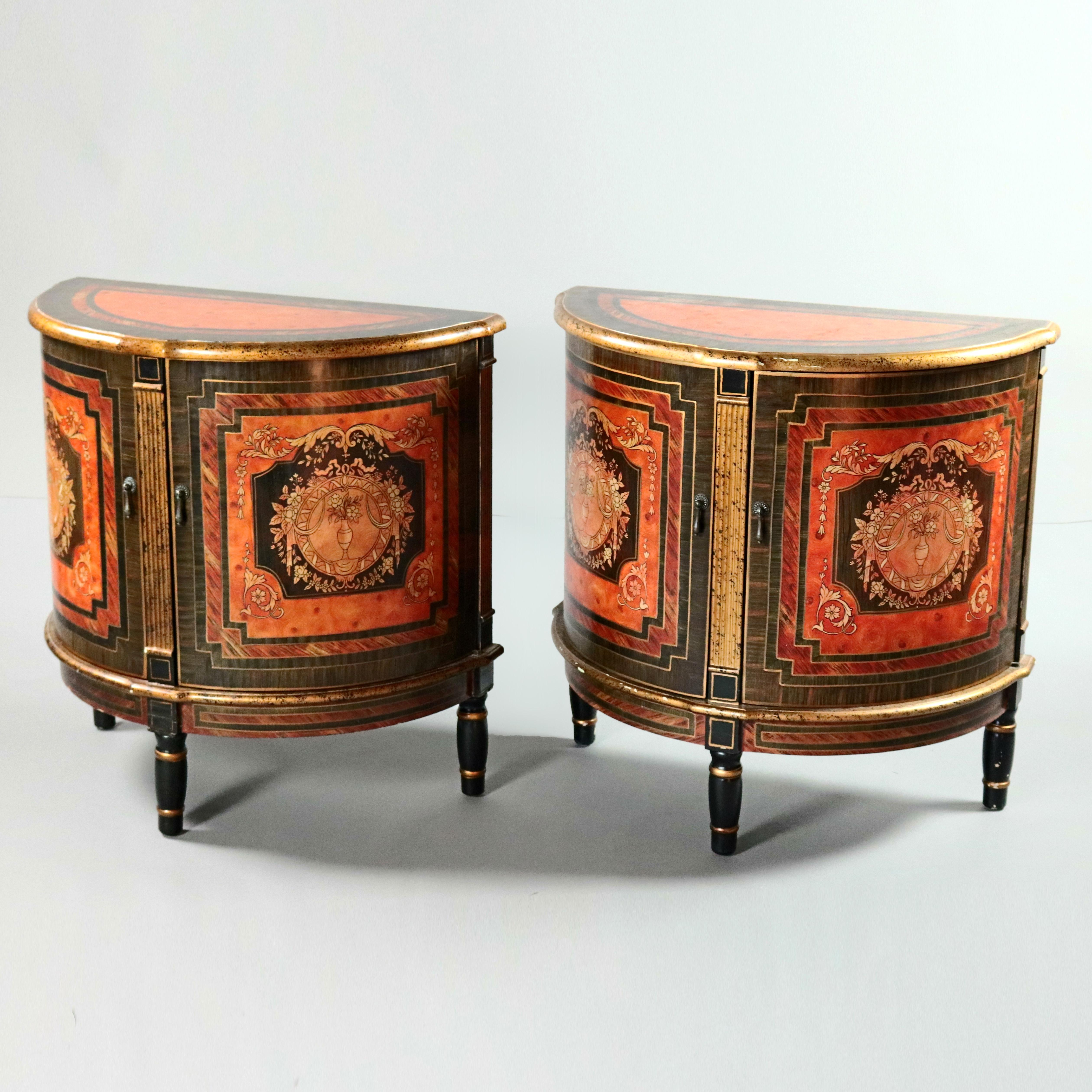 Pair of Classical French Paint Decorated Demilune Bombe Side Stands 1