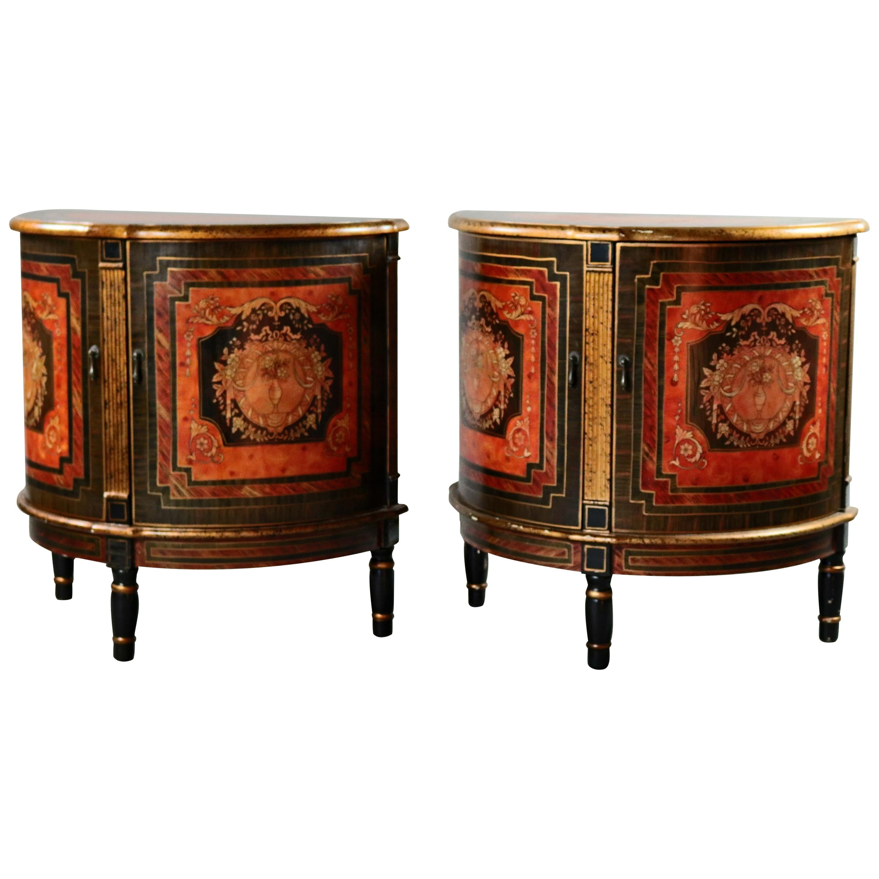 Pair of Classical French Paint Decorated Demilune Bombe Side Stands