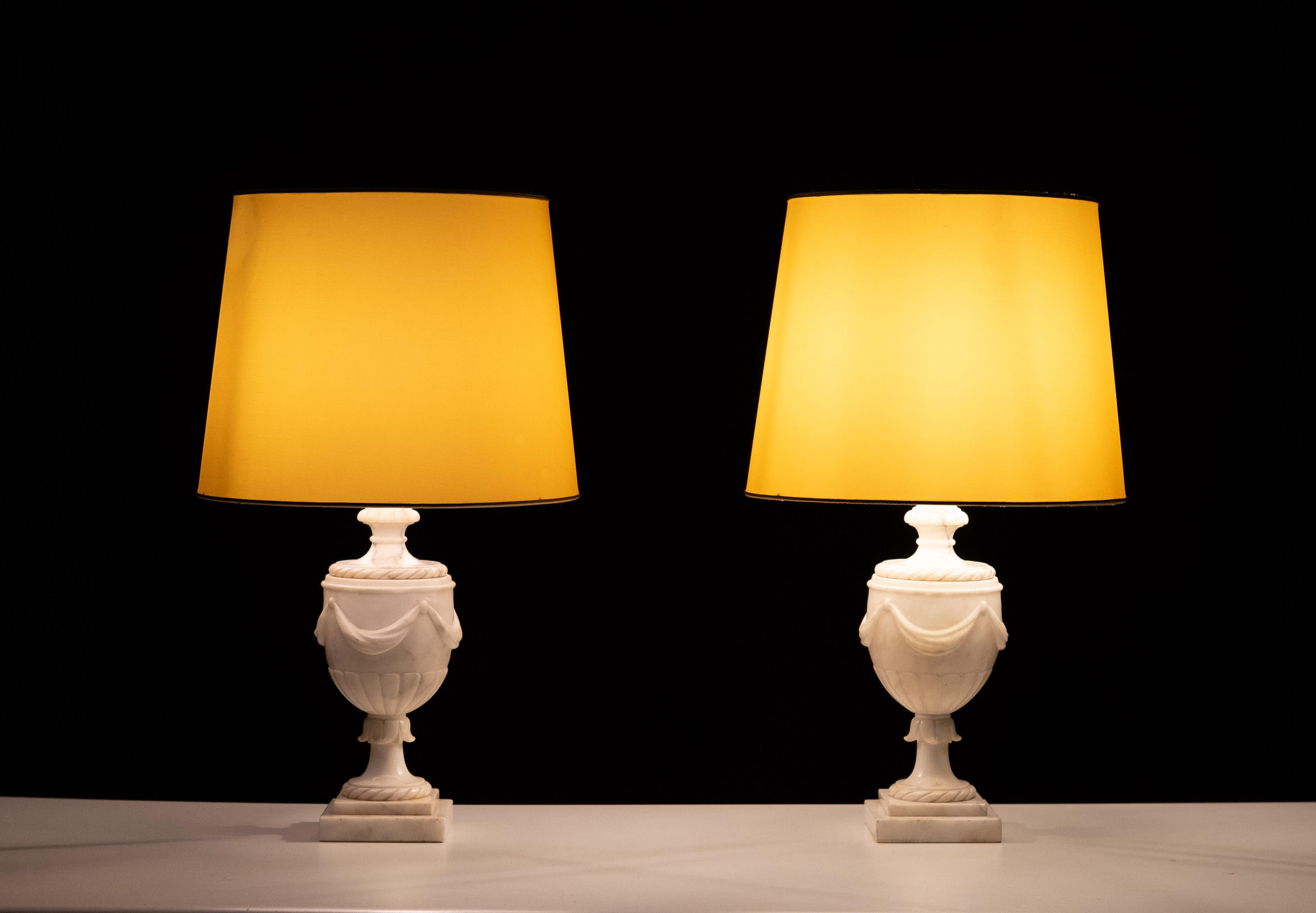 Stunning set of Classical Greek Alabaster Table lamps .
1950s Italy . comes with beathiful Gold color shades . Perfect match . 
