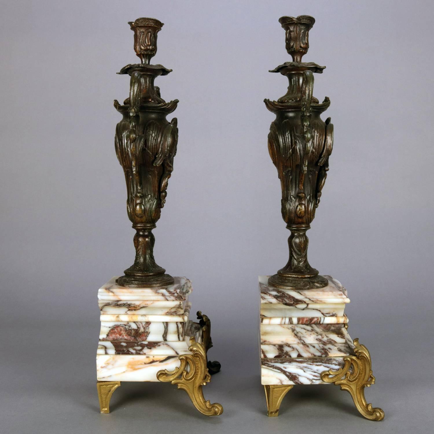 Classical Greek Pair of Classical Parcel-Gilt and Bronzed Urn Form Candlesticks on Marble Base
