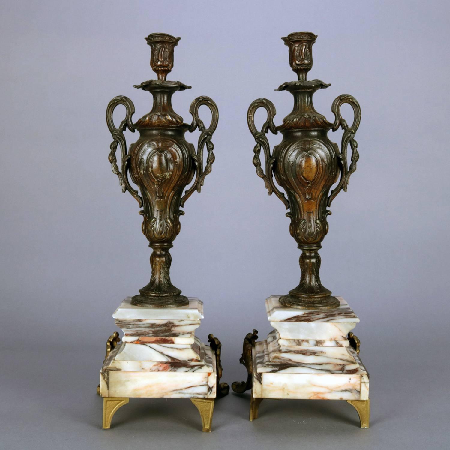 French Pair of Classical Parcel-Gilt and Bronzed Urn Form Candlesticks on Marble Base