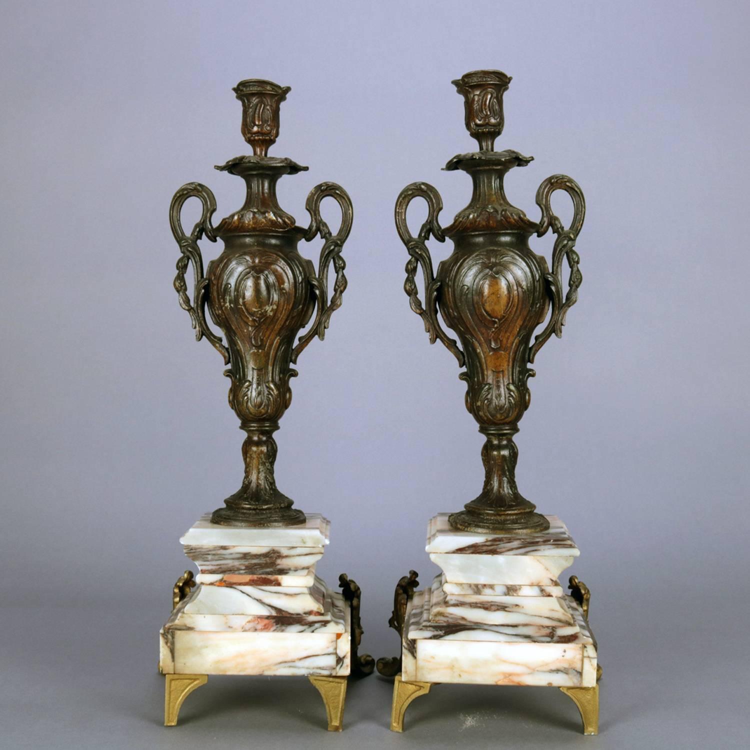 19th Century Pair of Classical Parcel-Gilt and Bronzed Urn Form Candlesticks on Marble Base
