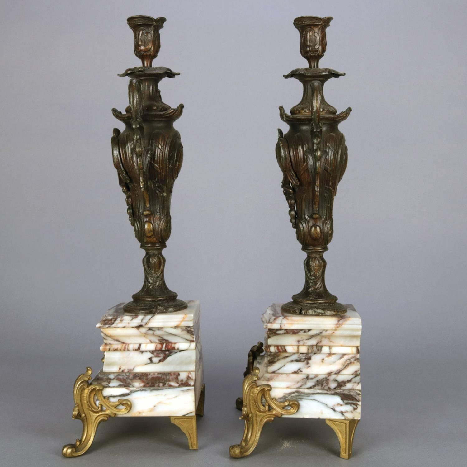 Pair of Classical Parcel-Gilt and Bronzed Urn Form Candlesticks on Marble Base 1