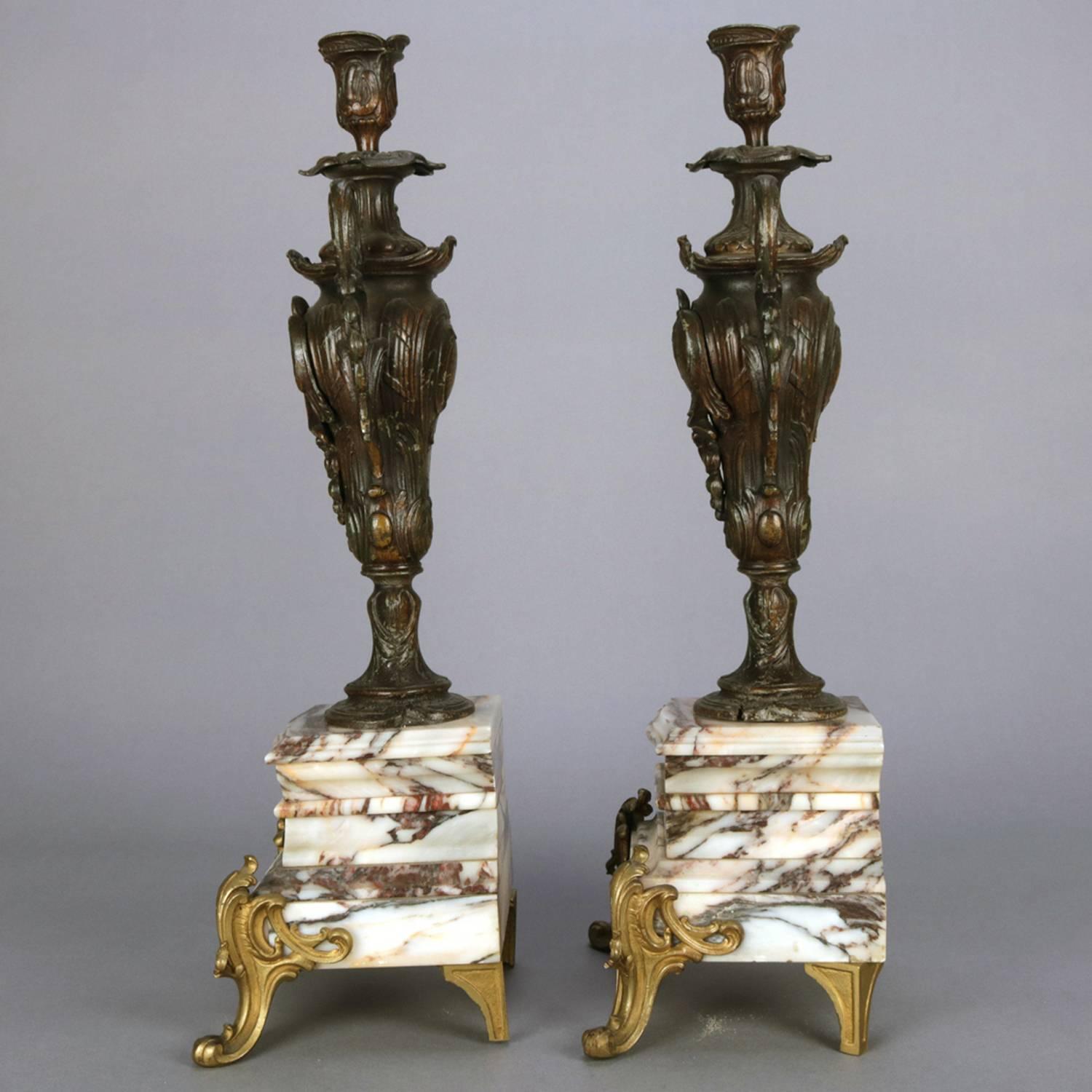 Pair of Classical Parcel-Gilt and Bronzed Urn Form Candlesticks on Marble Base 2
