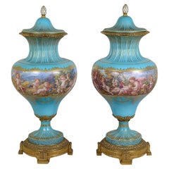 Antique Pair classical Sevres style lidded vases, circa 1880.