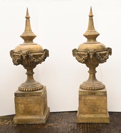 Pair Classical Stone Garden Urns English Finials with Ram Masks