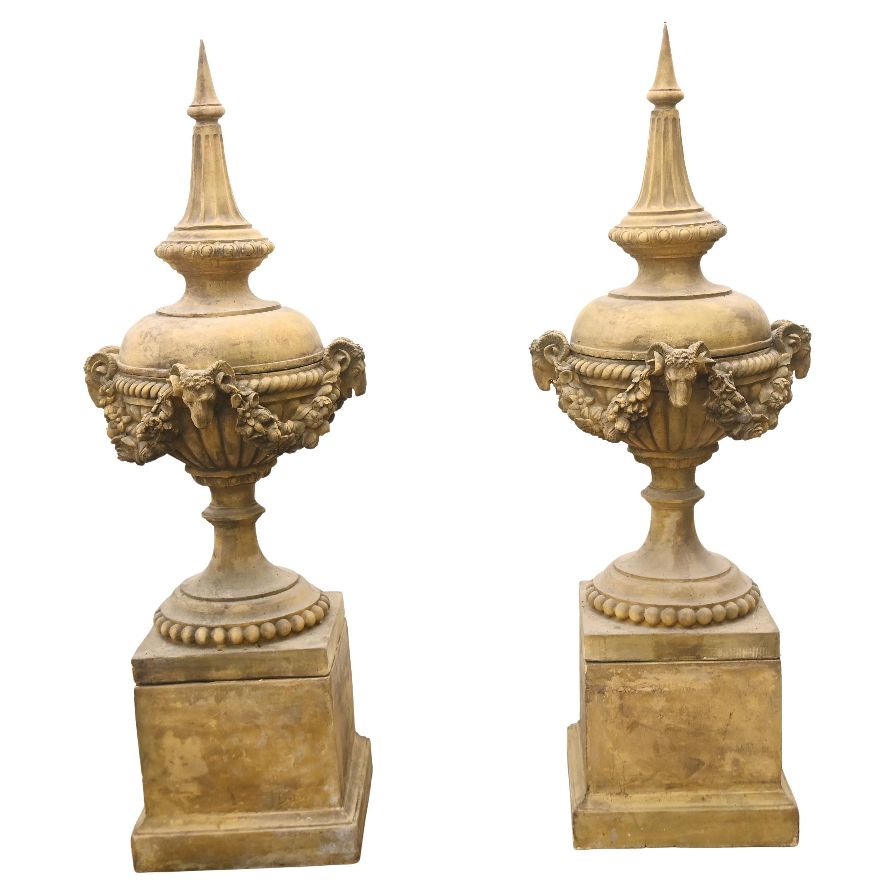 Pair Classical Stone Garden Urns English Finials with Ram Masks