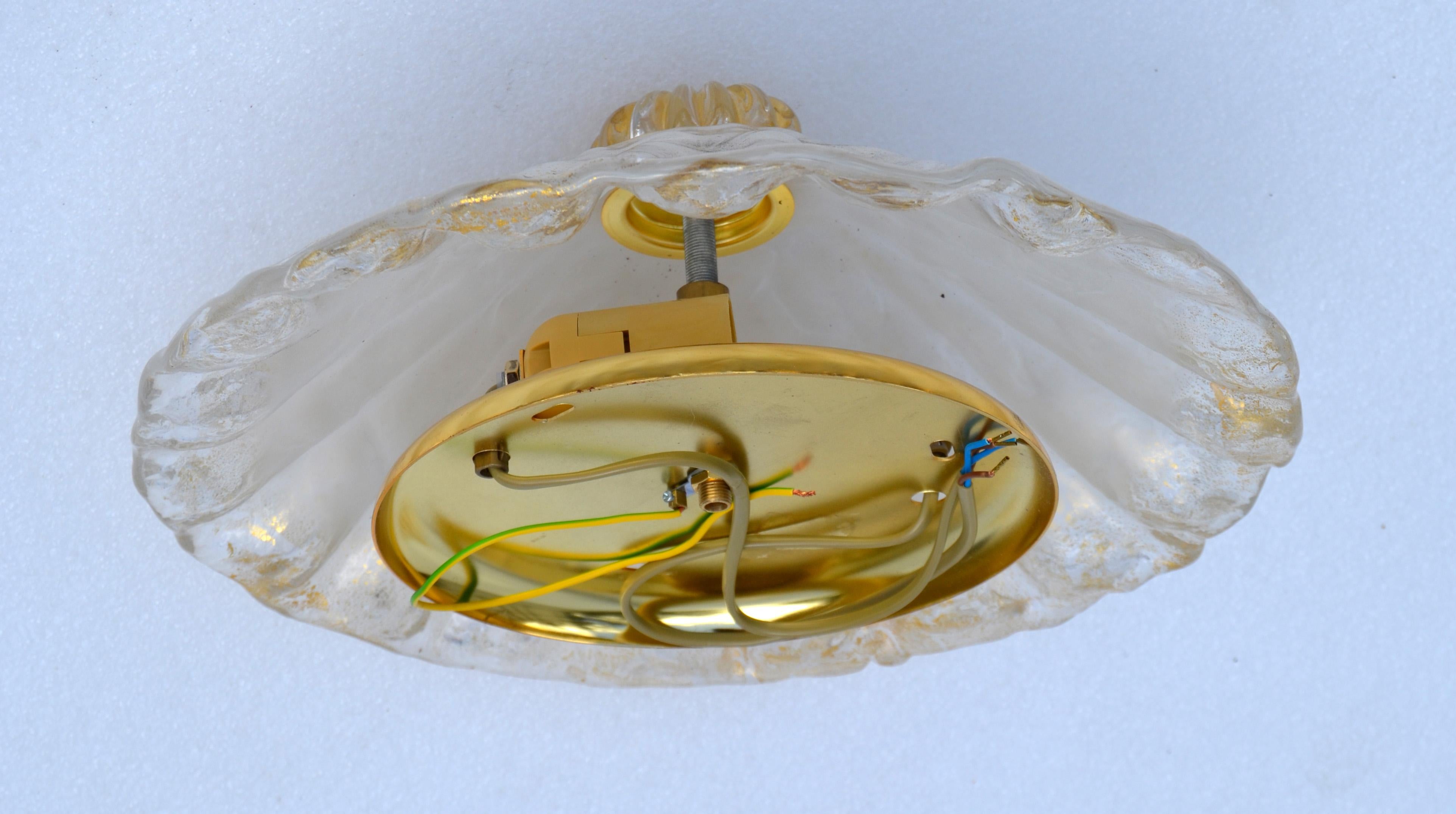 Pair, Clear & Gold Flecks Infused Murano Glass & Brass Flush Mount Ceiling Lamp For Sale 5