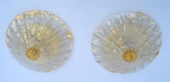 Pair, Clear & Gold Flecks Infused Murano Glass & Brass Flush Mount Ceiling Lamp
