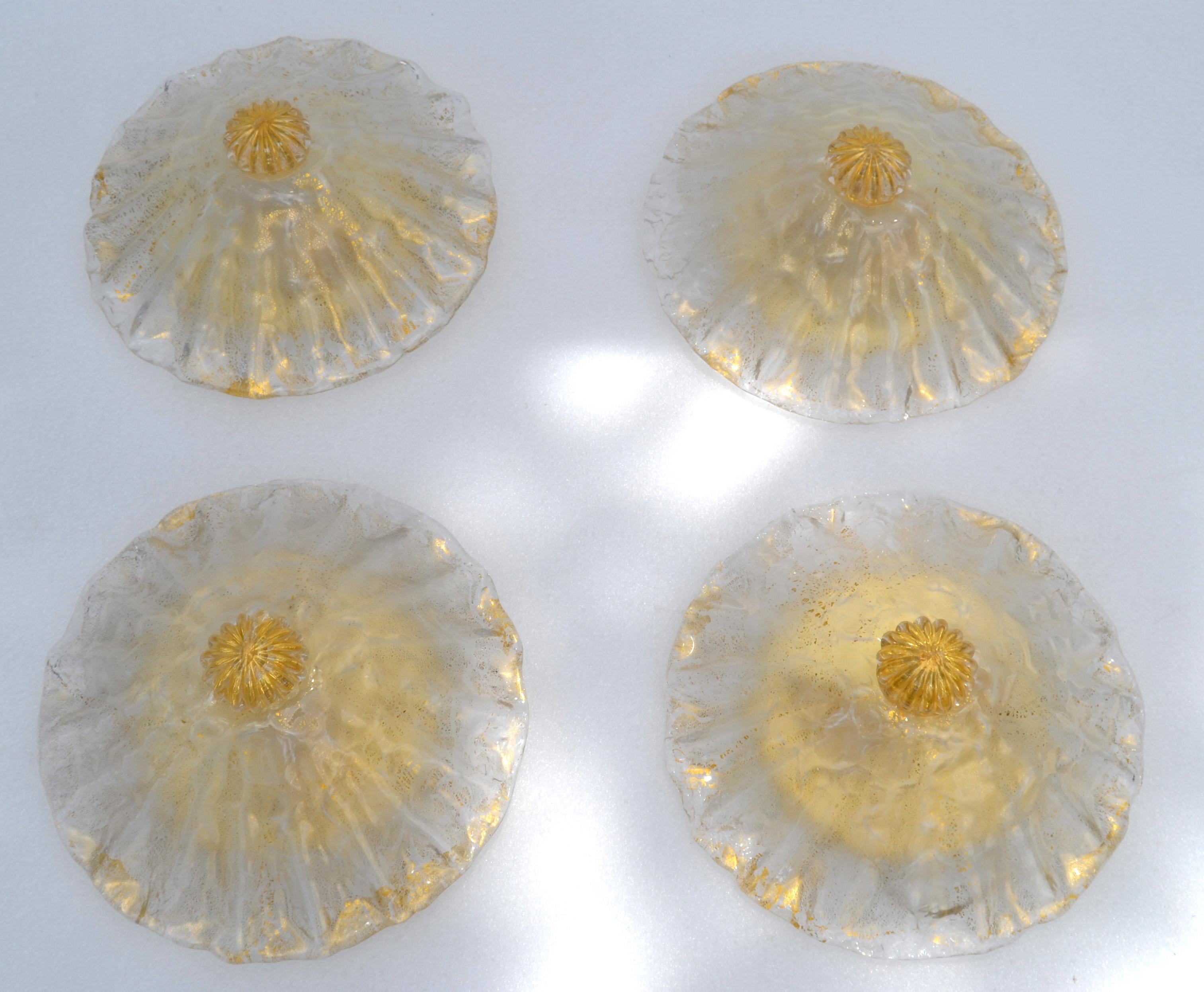 Italian Pair, Clear & Gold Flecks Infused Murano Glass & Brass Flush Mount Ceiling Lamp For Sale
