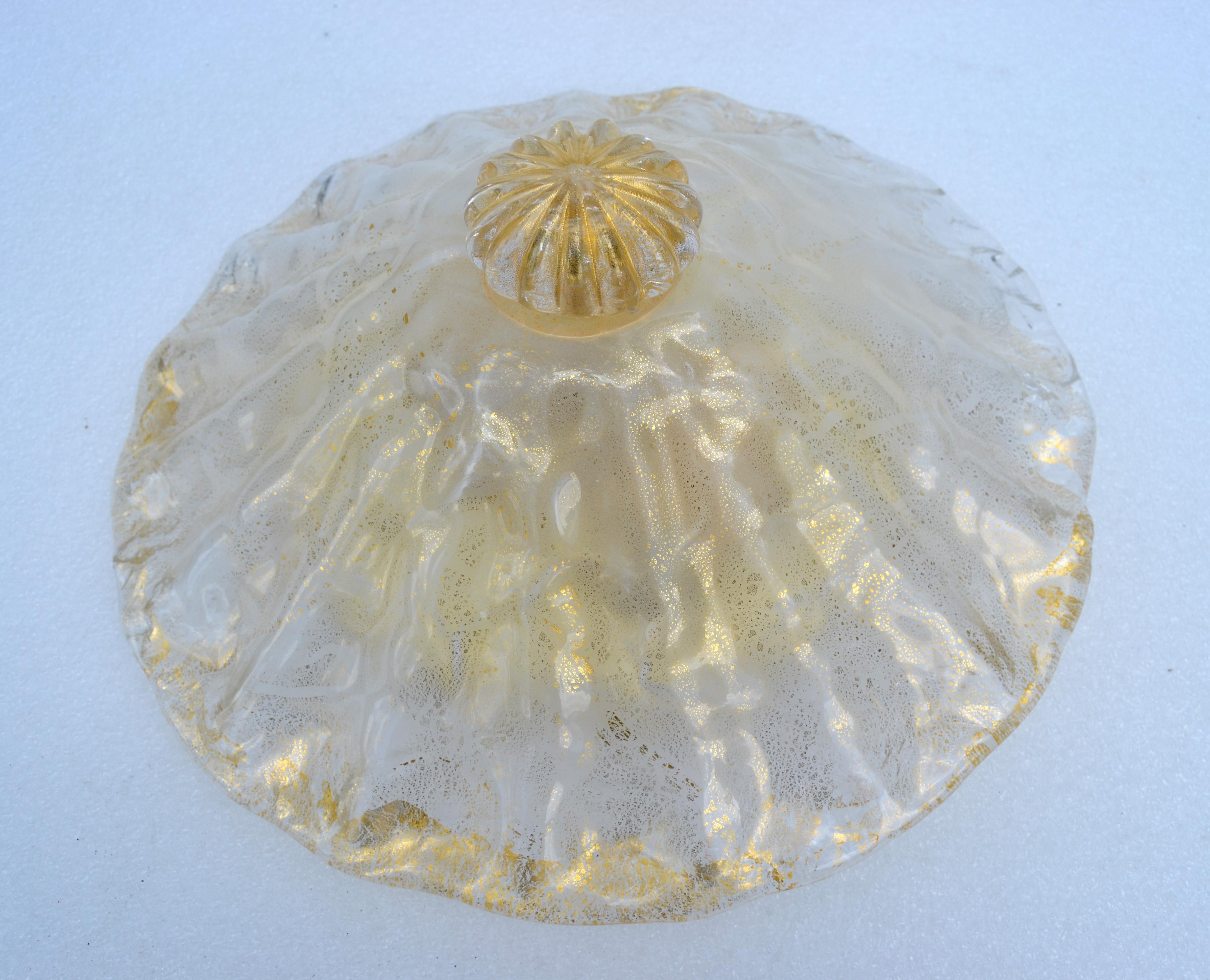 Pair, Clear & Gold Flecks Infused Murano Glass & Brass Flush Mount Ceiling Lamp In Good Condition For Sale In Miami, FL