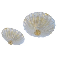 Pair, Clear & Gold Flecks Infused Murano Glass & Brass Flush Mount Ceiling Lamp