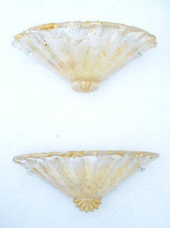 Pair, Clear & Gold Flecks Infused Murano Glass & Brass Sconces Wall Lamps Italy