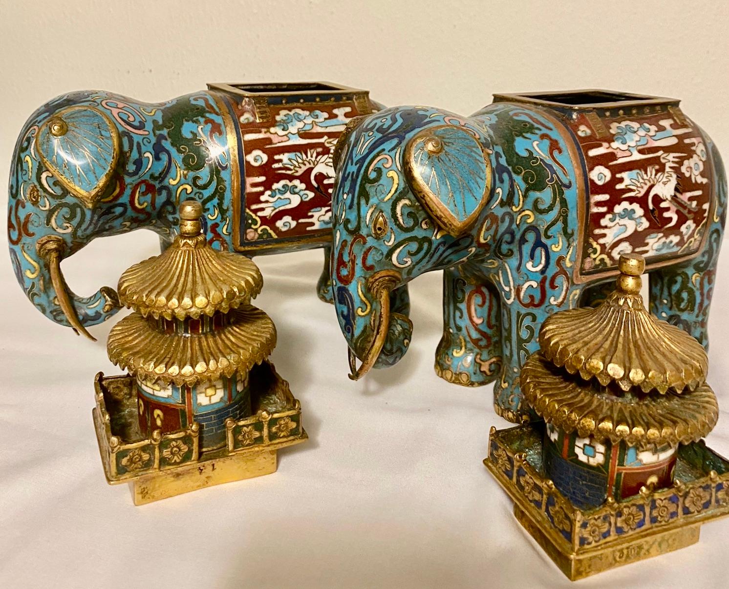 Chinoiserie Pair of Cloisonné Elephant Incense Burners, China, c. 1900