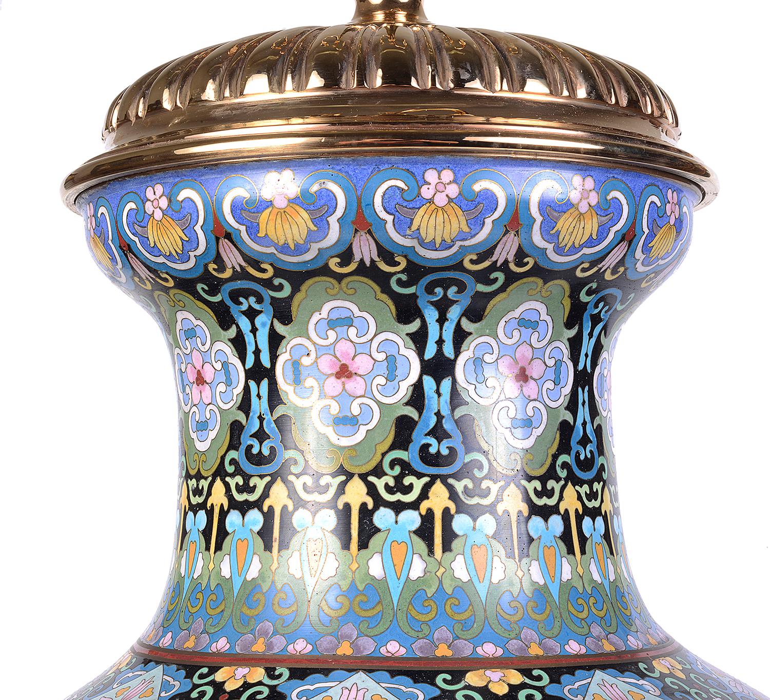 Pair of Cloisonne Enamel Vases/Lamps, circa 1920 3