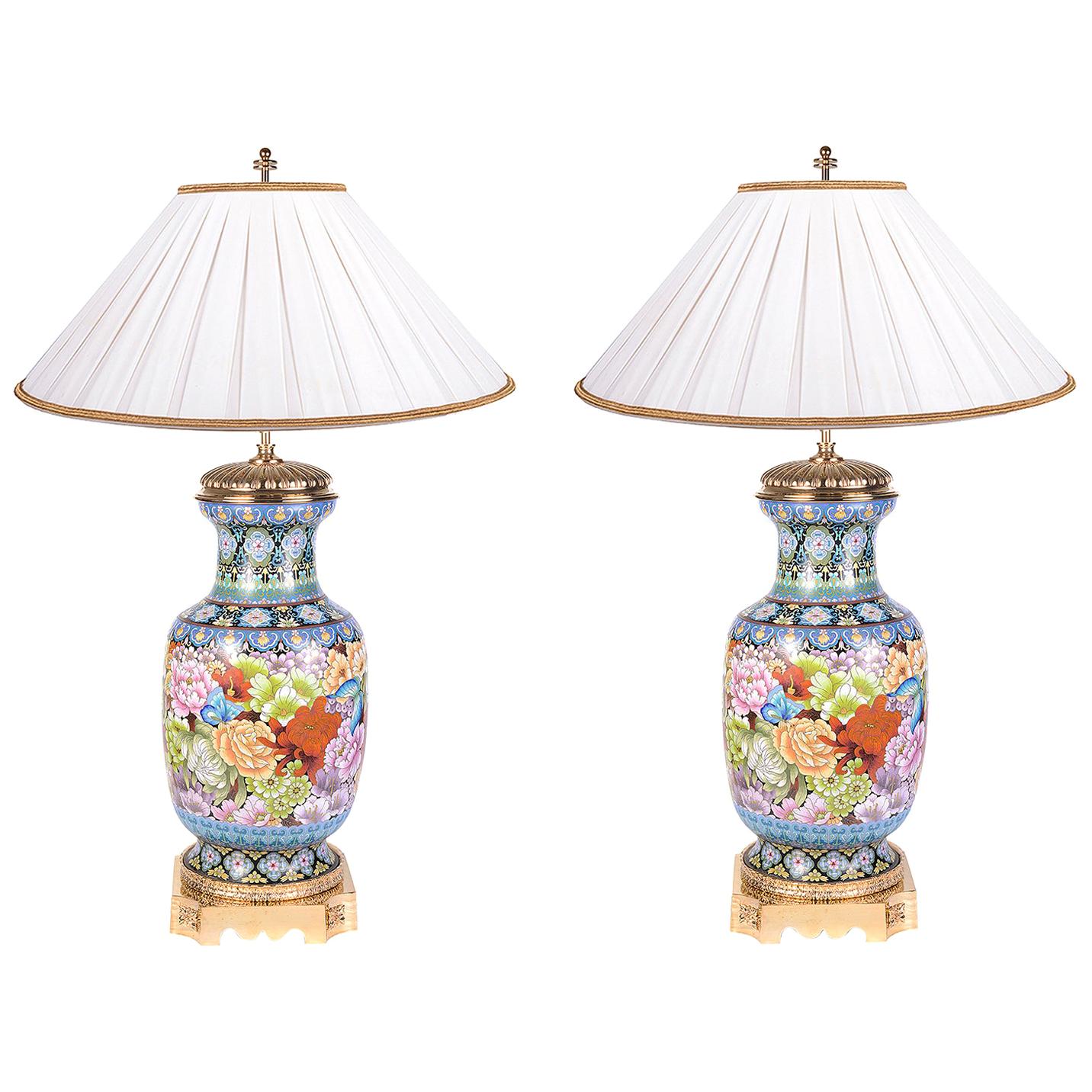 Pair Of Cloisonne Enamel Vases Lamps, Cloisonne Table Lamps