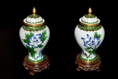 Pair Cloisonne General's Vases Blue Peonies