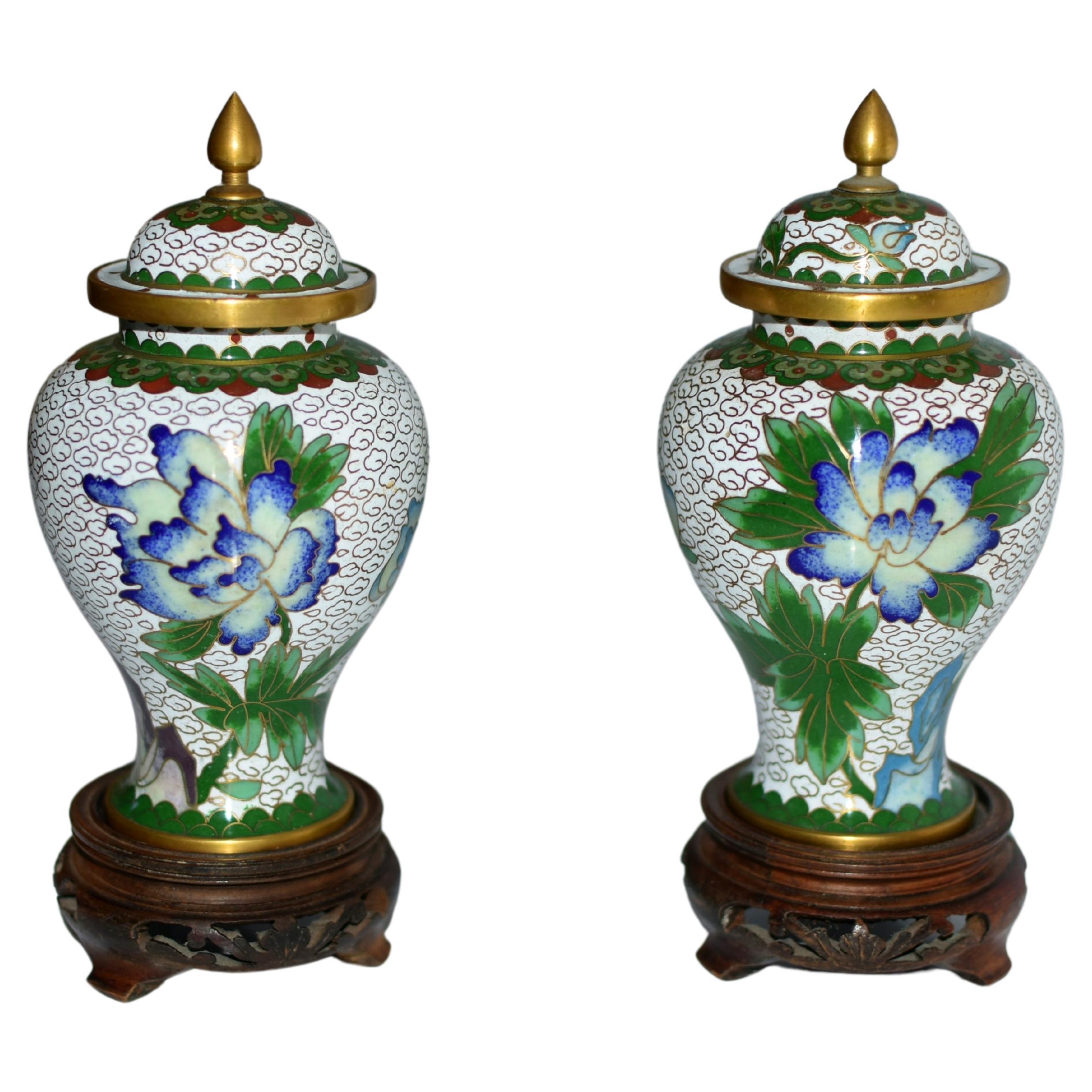 Pair Cloisonne General
s Vases Blue Peonies