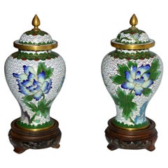 Pair Cloisonne General's Vases Blue Peonies
