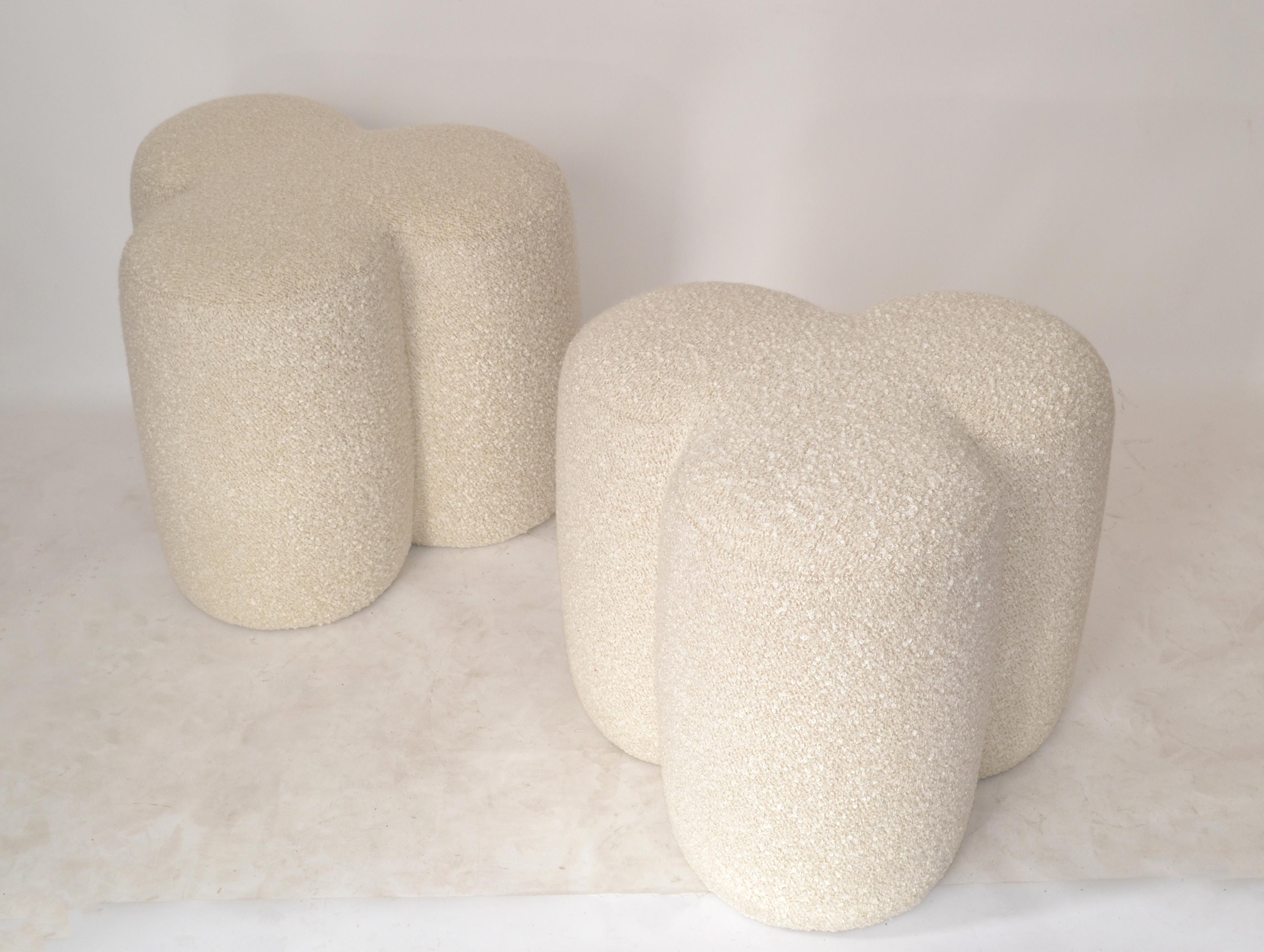 Pair, Club Shaped Wool Bouclé Upholstery Ottoman Footstool Mid-Century Modern For Sale 8