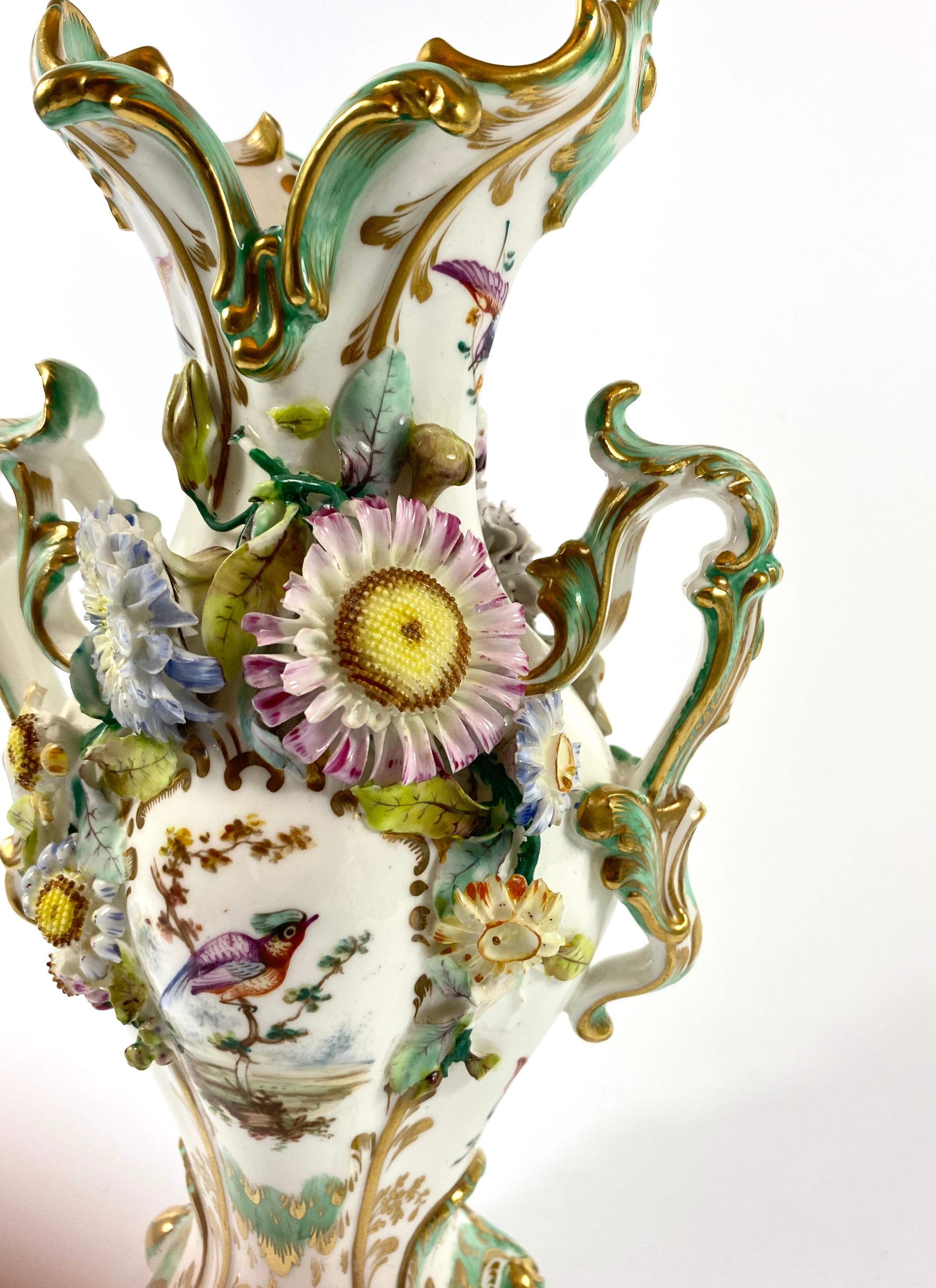 English Pair of Coalbrookdale Encrusted Porcelain Vases, circa 1830
