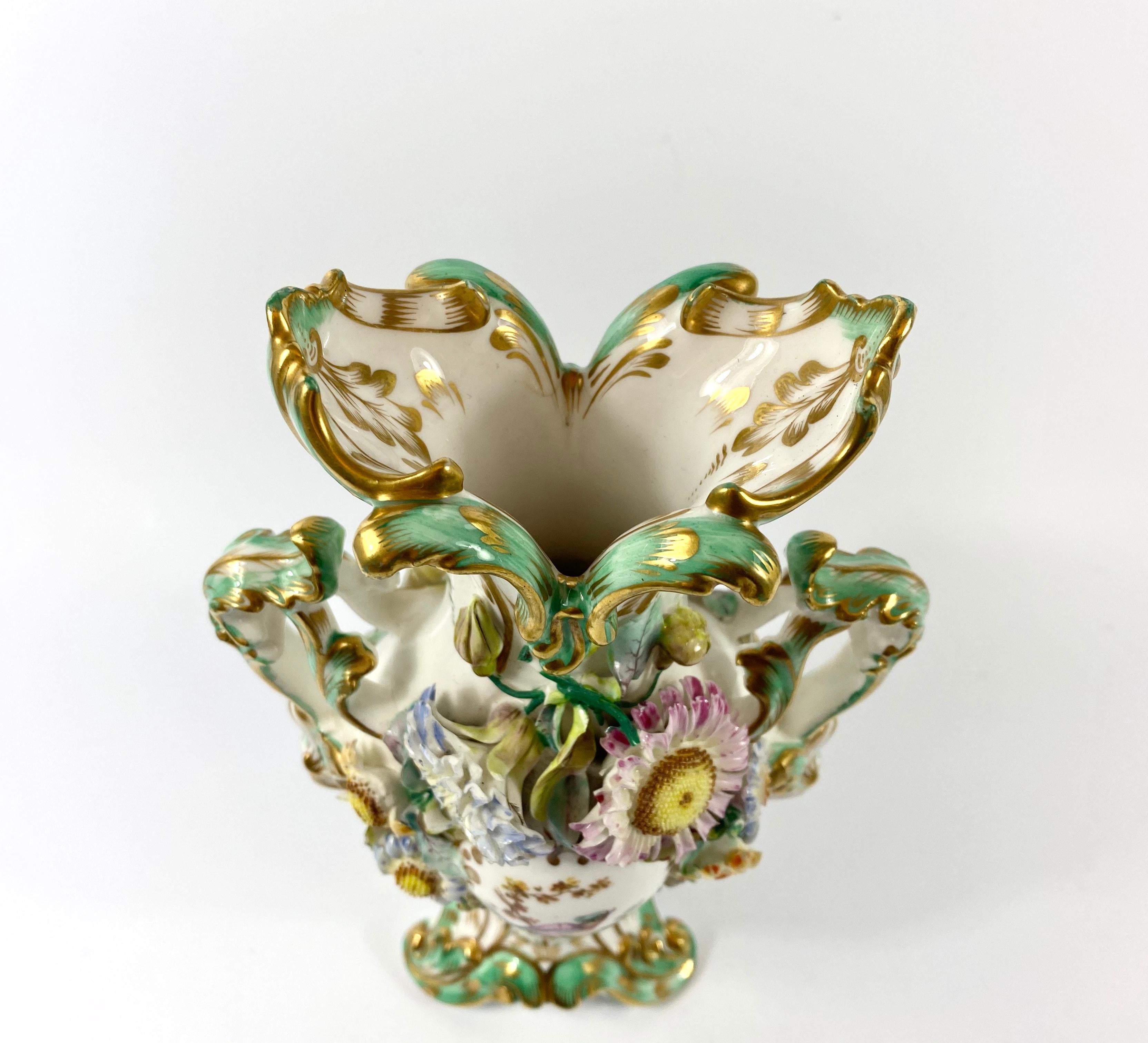 Fired Pair of Coalbrookdale Encrusted Porcelain Vases, circa 1830