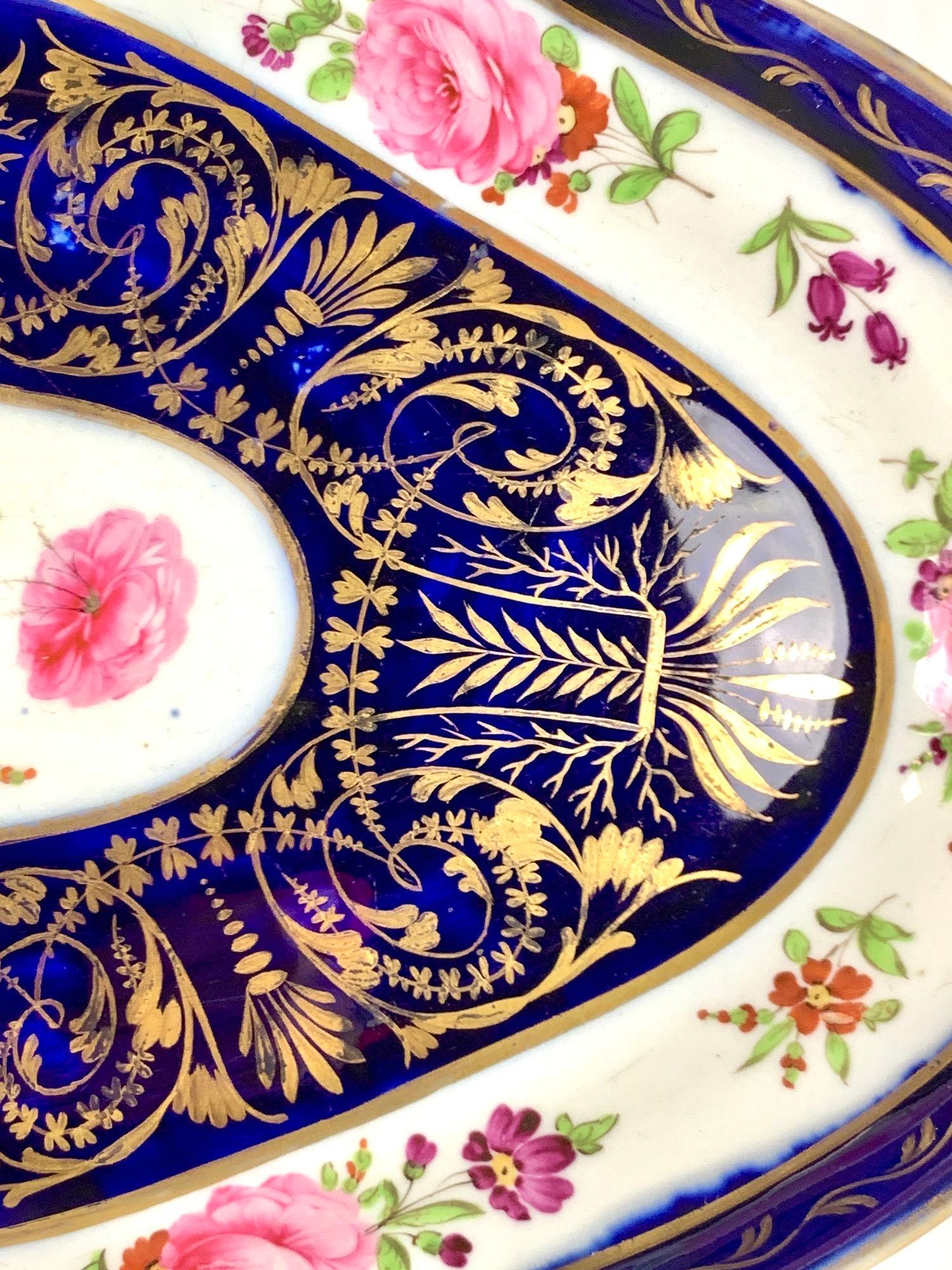 Porcelain Pair Coalport Cobalt Blue Gilded Dishes Hand Painted with Roses England C-1820 For Sale