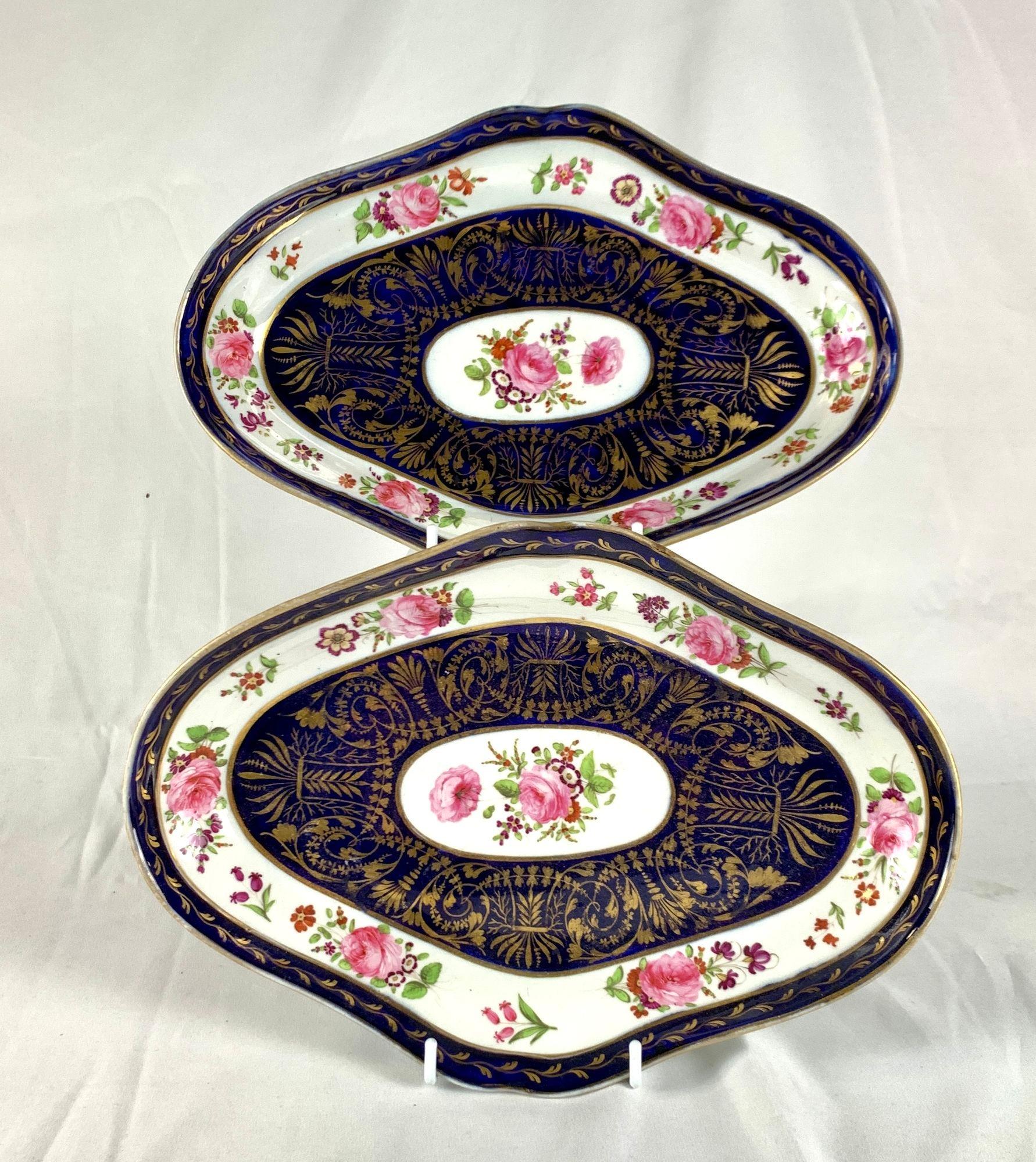 This pair of Coalport Dishes was hand painted at the Coalport factory, England circa 1820.
The dishes are decorated with panels of pink roses on crisp white porcelain surrounded by cobalt blue ground richly embellished with gilt decoration.
The