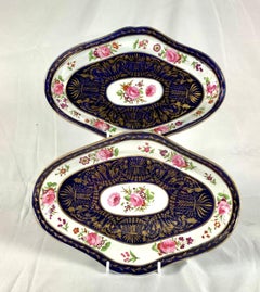 Pair Coalport Cobalt Blue Gilded Dishes Hand Painted with Roses England C-1820
