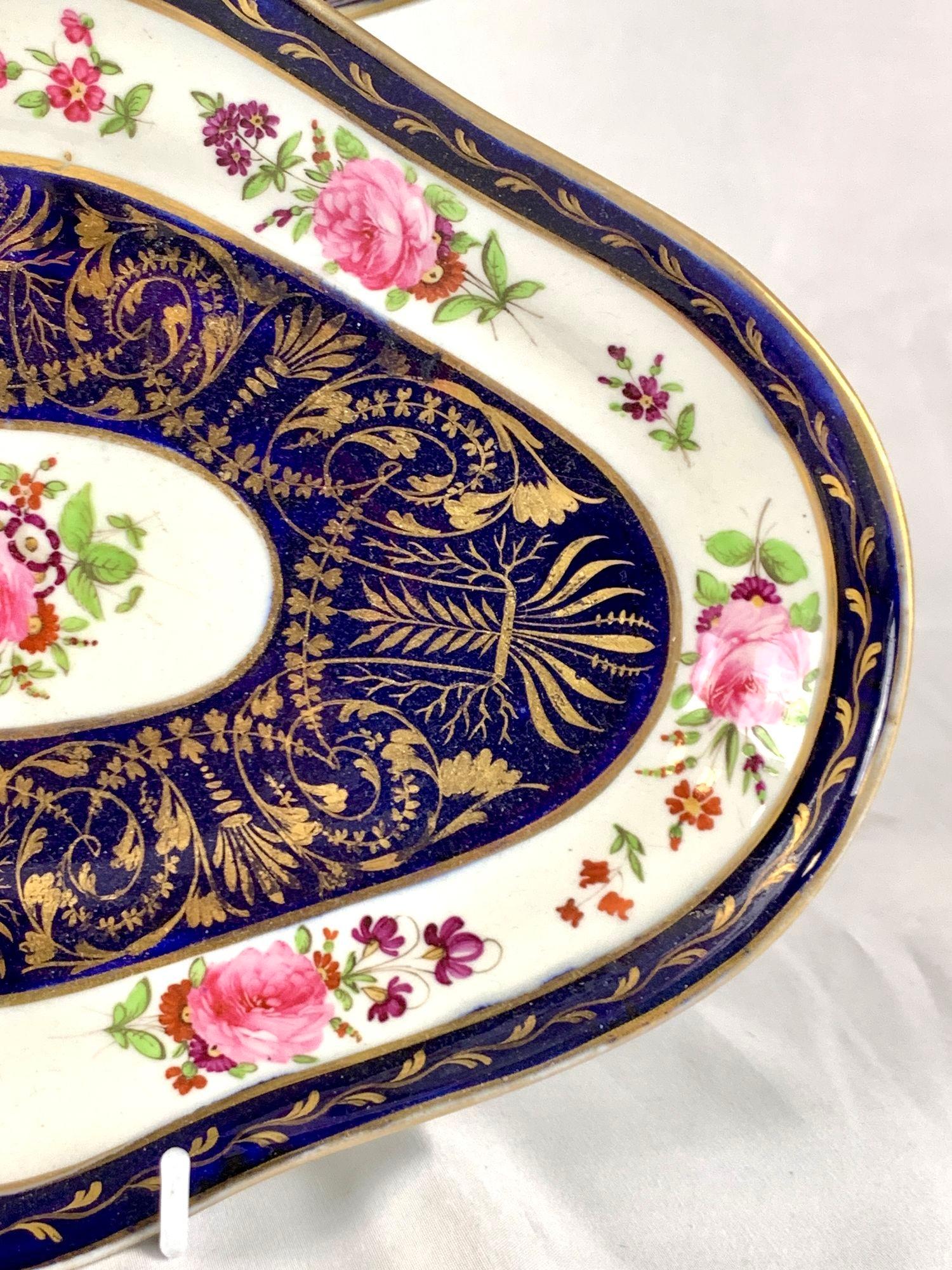 Pair Coalport Cobalt Blue Gilded Dishes Hand Painted with Roses England C-1820 For Sale 6