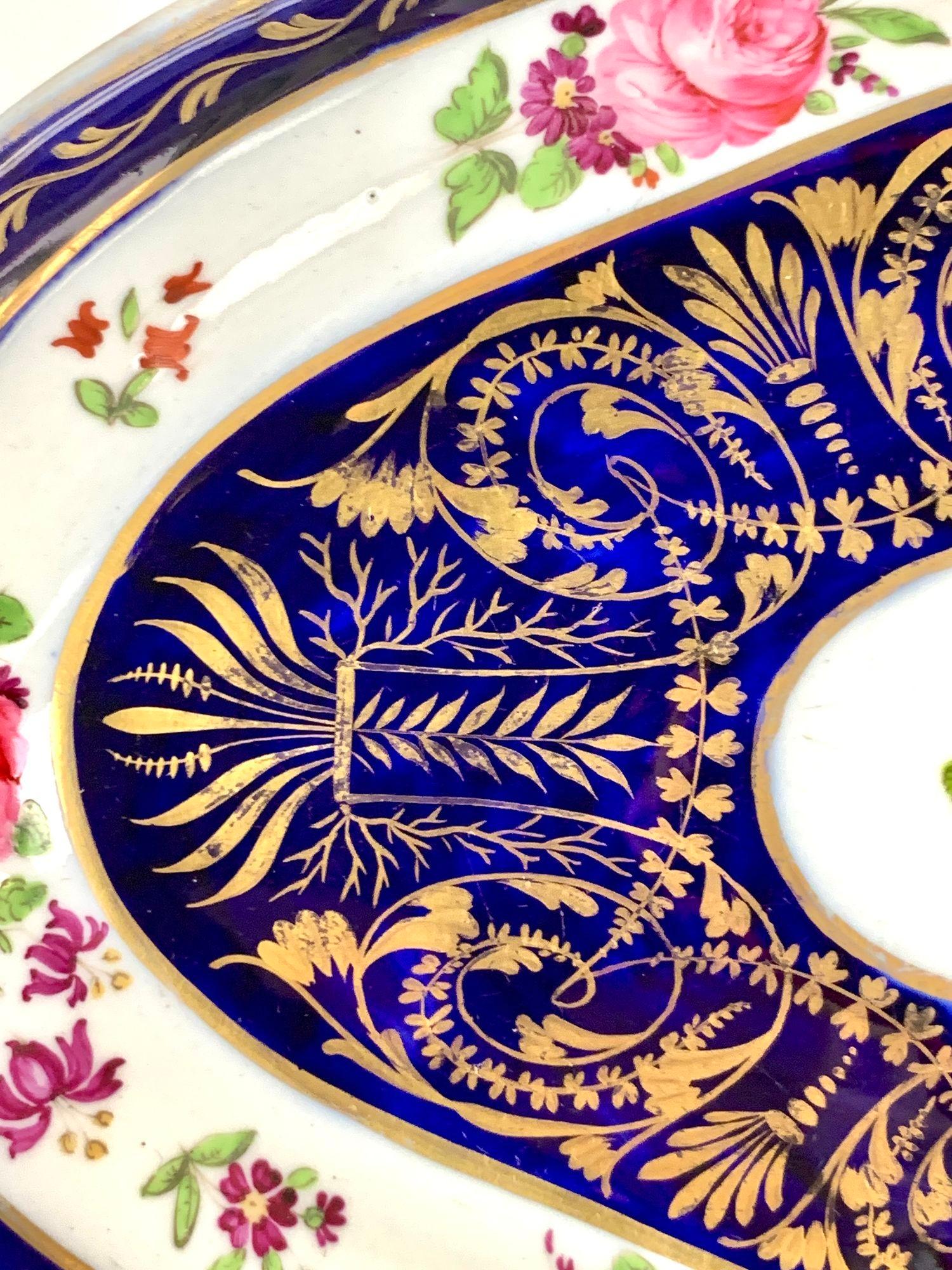 19th Century Pair Coalport Cobalt Blue Gilded Dishes Hand Painted with Roses England C-1820 For Sale