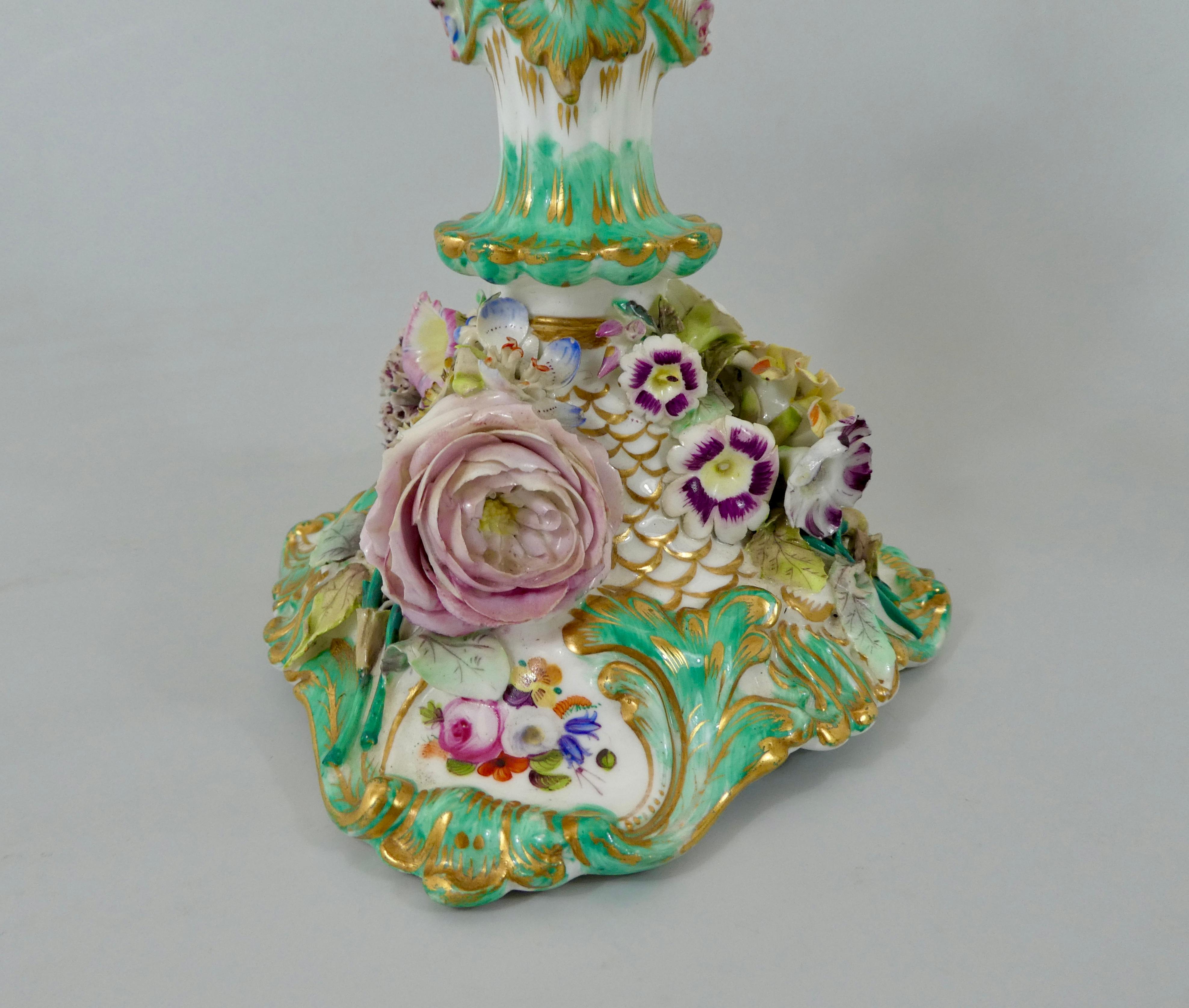 English Pair of Coalport Flower Encrusted, Porcelain Candlesticks, circa 1830