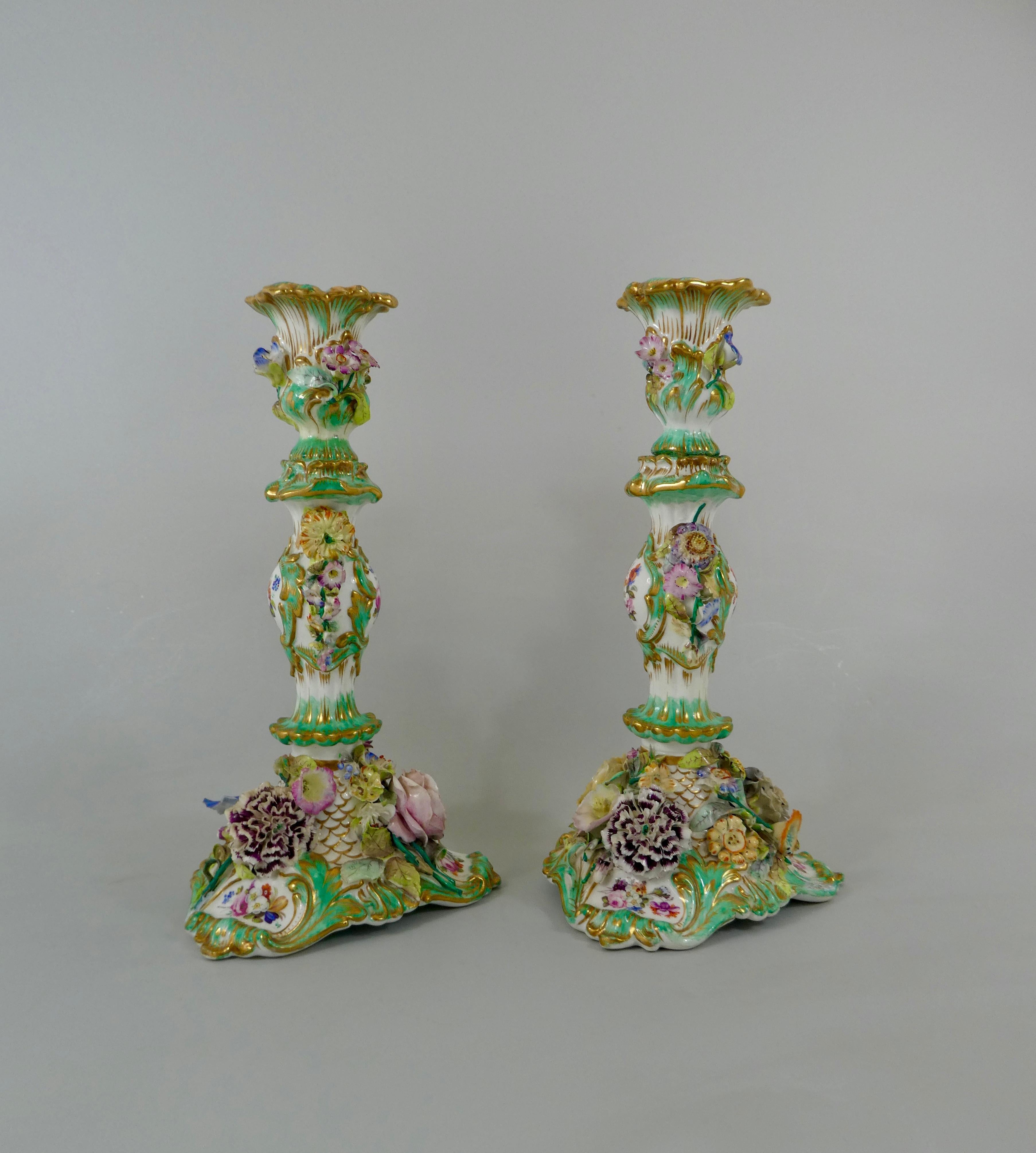 Fired Pair of Coalport Flower Encrusted, Porcelain Candlesticks, circa 1830