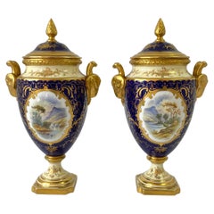 Antique Pair Coalport Porcelain Vases, Lakeland Scenes, Percy Simpson, c. 1900