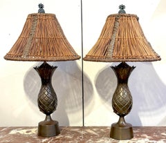 Pair Coastal Bronze Pineapple Lamps, Custom Rattan Shades & Pineapple Finials