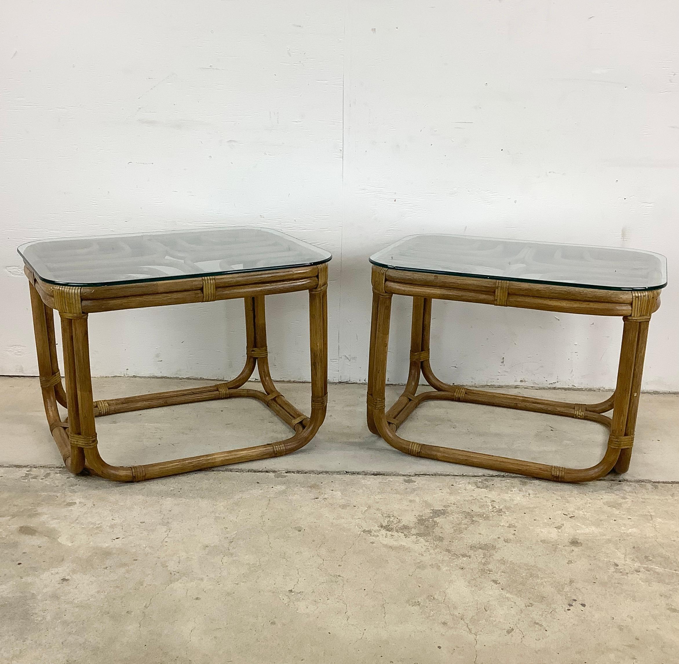 This stylish Pair of Vintage Rattan Brown Jordan attr. End Tables are the perfect blend of coastal charm and timeless elegance. Inspired by the coastal breeze these natural wood end tables are not just pieces of furniture; they're statements of