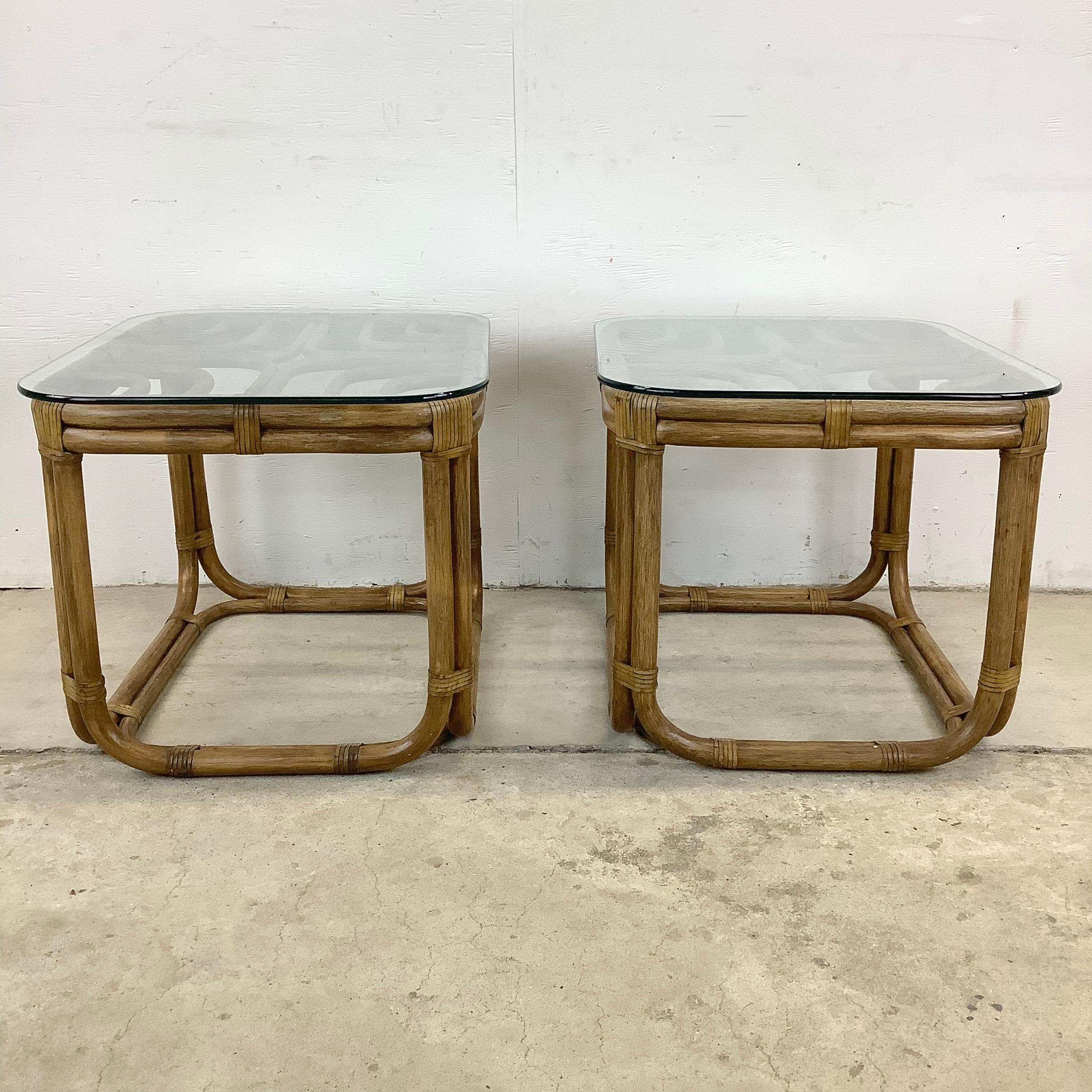 Pair Coastal Rattan Side Tables after Brown Jordan In Good Condition For Sale In Trenton, NJ