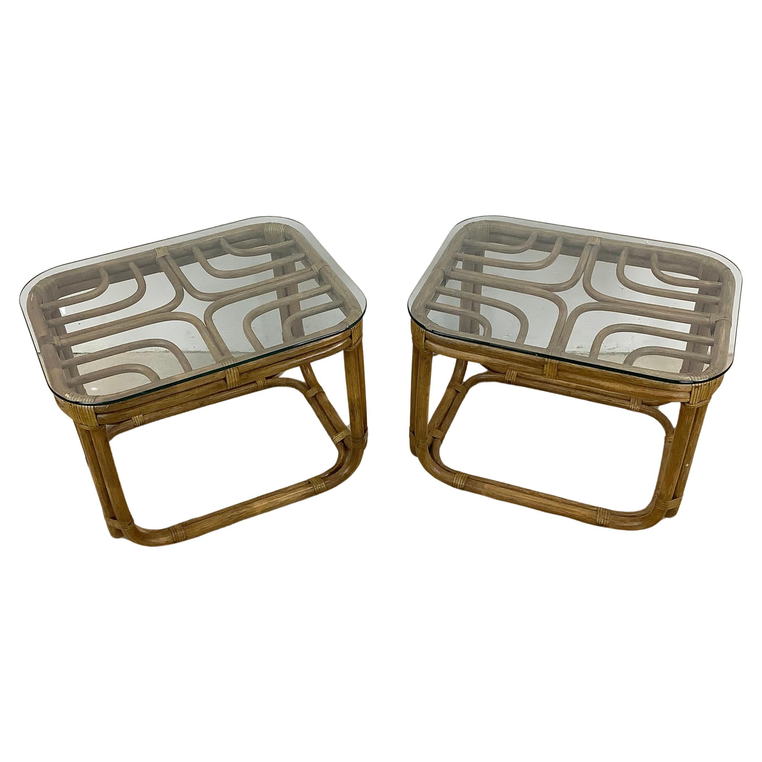 Pair Coastal Rattan Side Tables after Brown Jordan