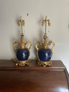 Pair cobalt blue bronze mounted lamps