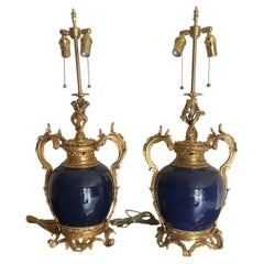 Pair cobalt blue bronze mounted lamps