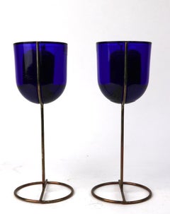 Pair of Cobalt Wine Goblet Candlesticks by Ittala
