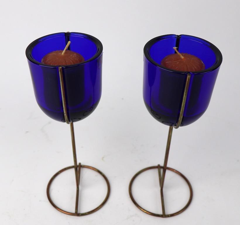Scandinavian Modern Pair of Cobalt Wine Goblet Candlesticks by Ittala