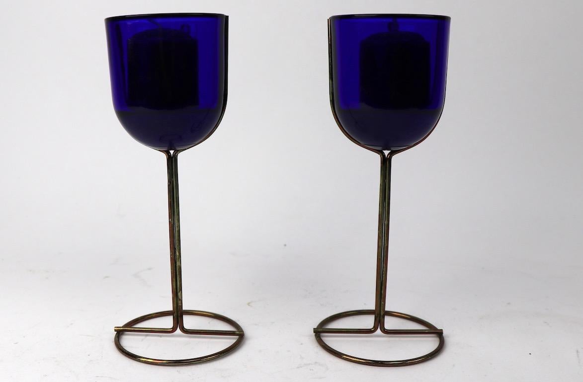 Metal Pair of Cobalt Wine Goblet Candlesticks by Ittala