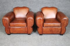 Pair Cognac Hued French Art Deco Style Leather Moustache Club Chairs